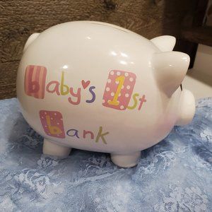 Ceramic "Baby's 1st Bank" Piggy Bank Girl Pink